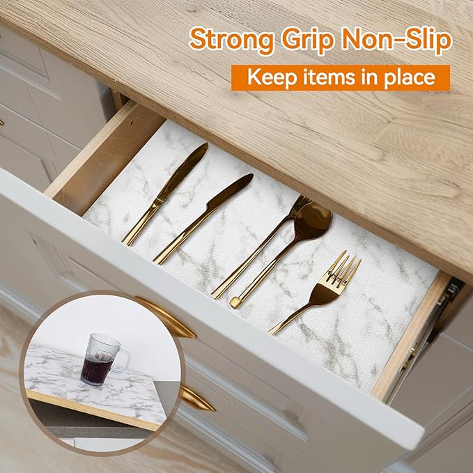 Shelf and Drawer Liner for Kitchen Cabinets Non-Adhesive, Strong Grip Non-Slip Thickened Cabinet Liners for Shelves, Waterproof Mats for Dresser Cupboard, White, 12 in x 30 Feet