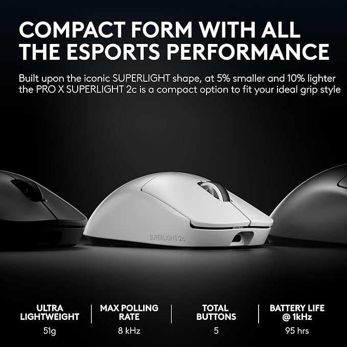 Logitech G PRO X Superlight 2c Wireless Gaming Mouse, 51 g pro-Grade Compact Mouse with 5 programmable Buttons, USB-C Charging, 44K DPI Sensor, up to 8 kHz Polling for PC/Mac - White