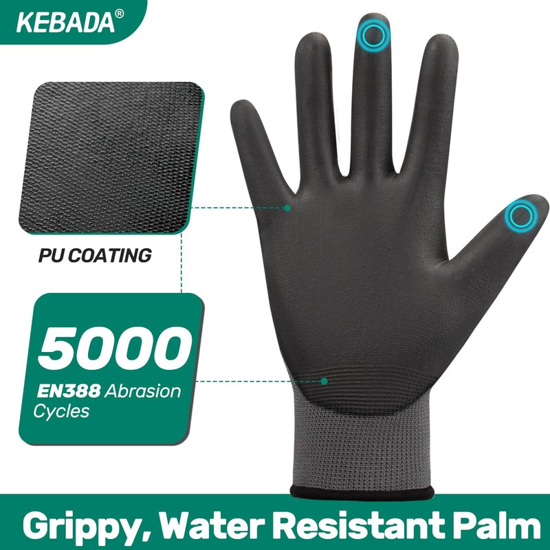 Kebada W1 Work Gloves for Men and Women, PU Coated Safety Gloves with Grip, Touchscreen, Ideal for Warehouse Package Handling, Construction, Gardening, 12 Pairs Gray Large