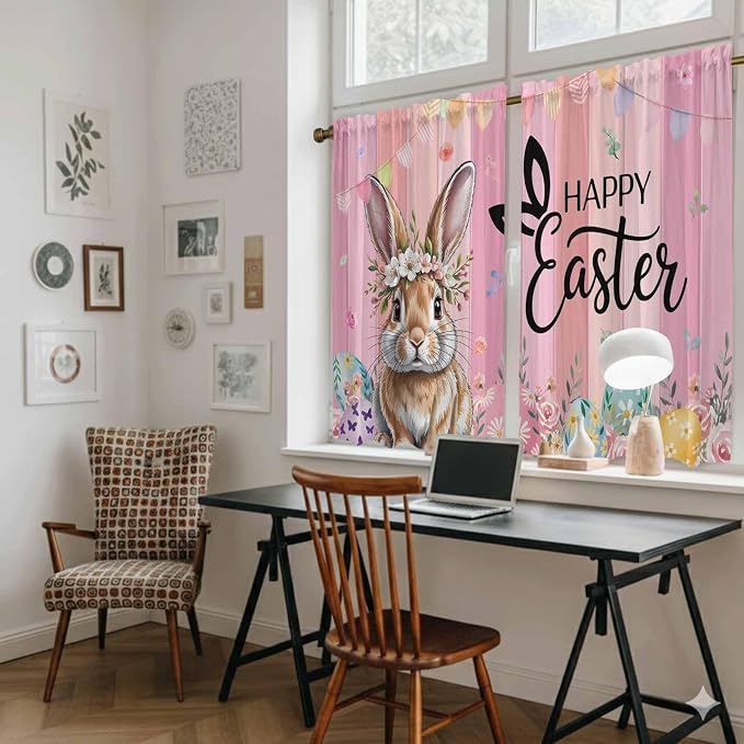 Easter Kitchen Curtains, Spring Rabbit Eggs Flowers Flags Leaves Wood Grain