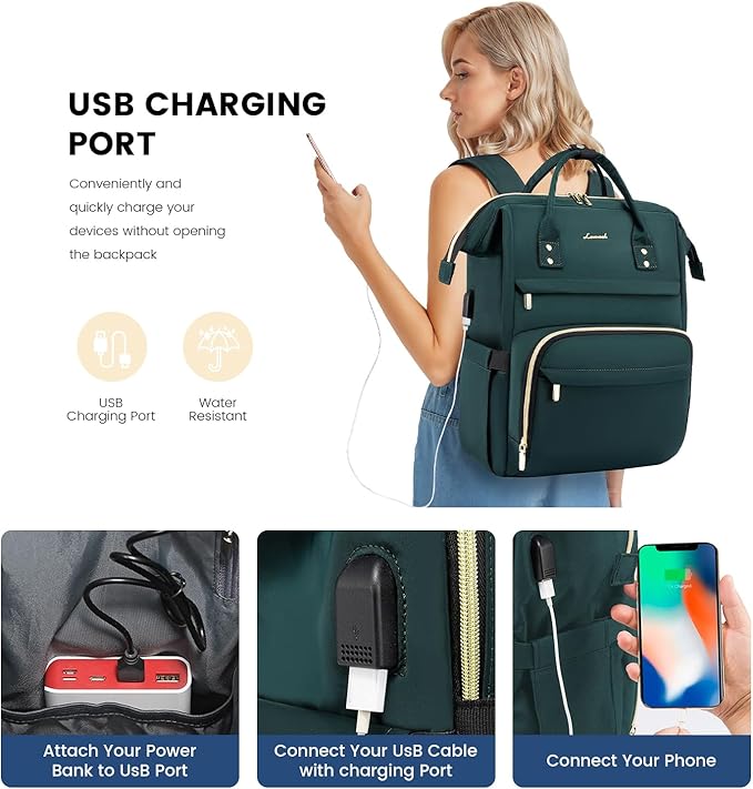 LOVEVOOK 17 inch Laptop Backpack Women, Large Travel Computer Back Pack with USB Charging Port, Anti Theft Backpack for Women Teacher Nurse Work, College Business, Dark Green