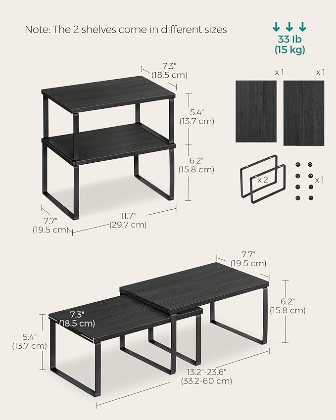 SONGMICS Cabinet Organizer Shelf, Set of 2 Kitchen Counter Shelves, Kitchen Storage, Spice Rack, Stackable, Expandable, Metal and Engineered Wood, Ink Black and Charcoal Black UKCS02B01 (Pack of 2)