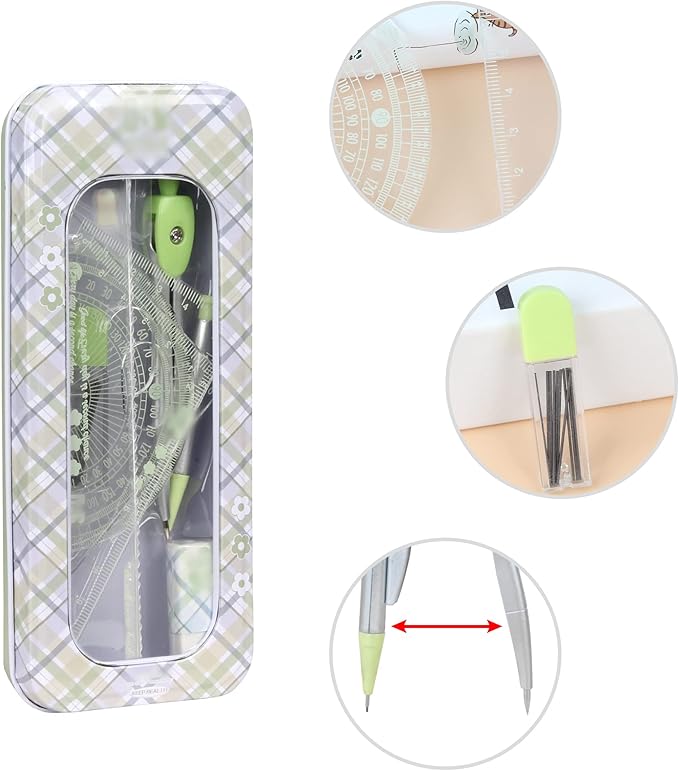LABANCA 8 Pcs Compass Set with Protractor Rulers Pencil for Math Geometry (07434 Green)