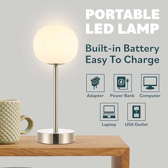 JONATHAN Y 12.25" Nickel Rechargeable Table Lamp, Modern Cordless LED Nightstand Lamp, White Glass Shade, Dimmable Portable Desk Lamp for Bedroom Living Room Dining JYL7108A