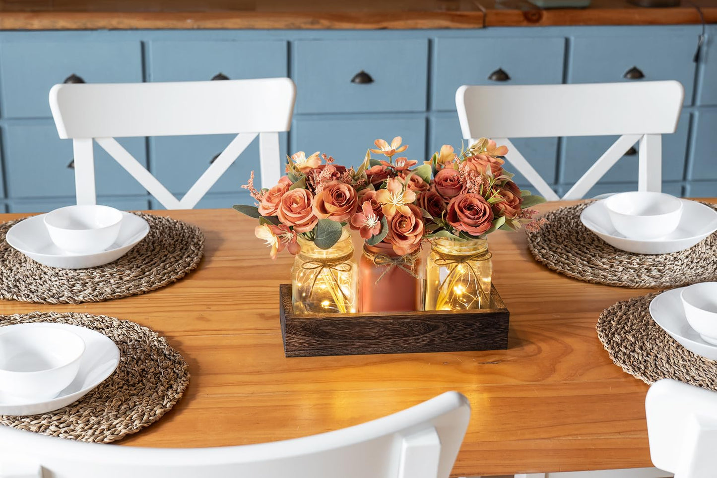 Mkono Mason Jar Lights Centerpiece Table Decorations for Dining Room Farmhouse Coffee Table Decor Tray with 3 Jars Flowers Centerpieces Summer Decor for Kitchen Living Dining Room, Orange