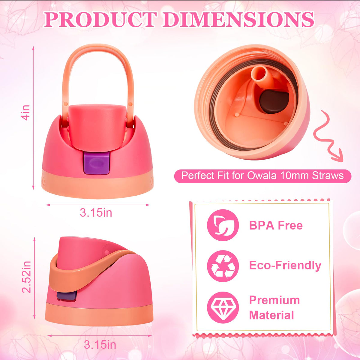 Replacement Lid for Owala Freesip, Compatible with Owala Cup 16oz 24oz 32oz 40oz, One Button Water Bottle Top Lid Replacement Accessory and Straws, Leakproof, BPA-Free (pink purple)