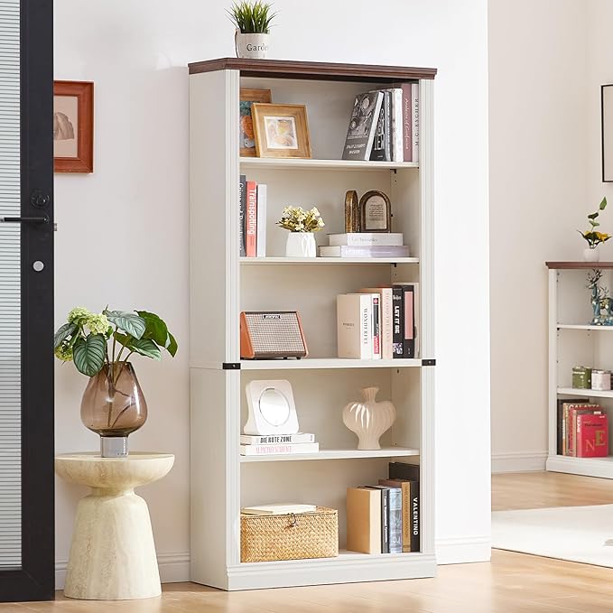 70" White Tall Bookshelf,5-Tier Thick Wooden Book Shelf with Adjustable Shelves,Free Standing Farmhouse Bookcase with Open Display Storage,Floor Vintage Bookshelves for Living Room,Office