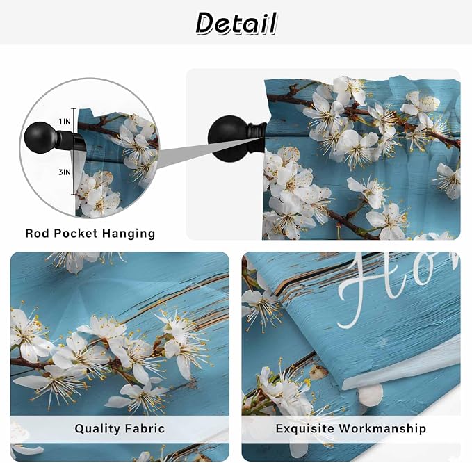 Farmhouse Wooden Grain Kitchen Curtains, Vintage Shabby Chic Flower Blue Light