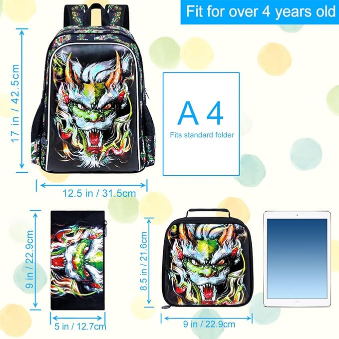 KLFVB 3PCS Boys Bookbag, 17" Kids Backpack and Lunch Box, Water Resistant Teenagers School Bag for Middle Elementary - Green Dragon