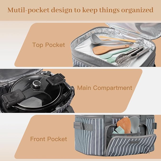 FUN ELEMENTS Double Layer Slow Cooker Carrier Bag for 6-8 Quart Oval CrockPot, Insulated Crock Pot Travel Bag with Support Pad and Adjustable Straps, Top Zip Compartment and Front Pocket for Utensils