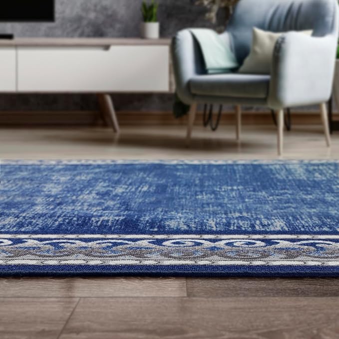 Antep Rugs Alfombras Bordered Modern 4x6 Non-Slip (Non-Skid) Low Pile Rubber Backing Indoor Area Rug (Navy, 4' x 5'8")