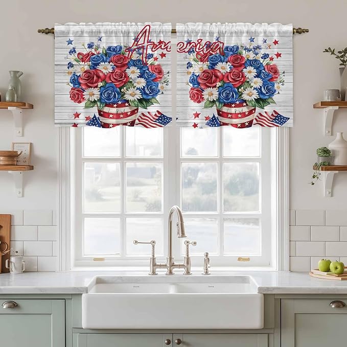 Independence Day Kitchen Tier Curtains 24 Inch Long 2 Panel Set, Rod Pocket