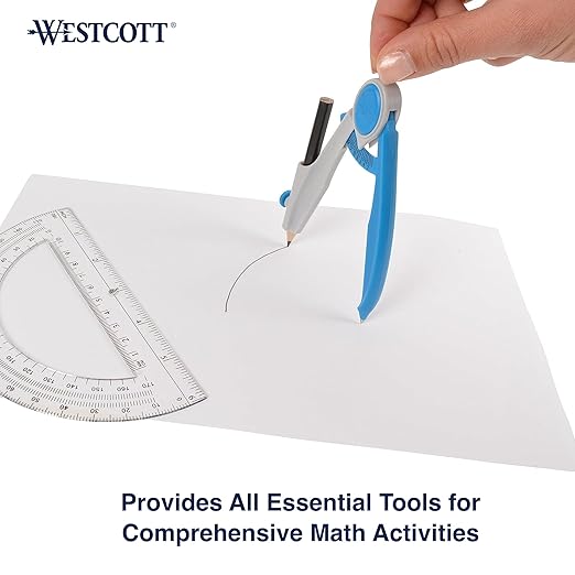 Westcott Compass and Protractor Math and Geometry Set, Essential School Supplies, Plastic Compass for Circles Up to 13-Inches, Back to School, Classroom, School Supplies, 6-Inch Protractor, Assorted Colors
