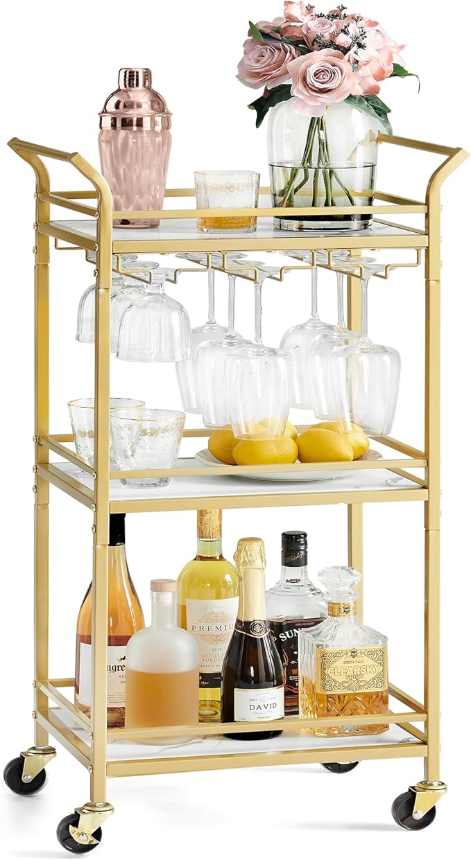 VASAGLE Bar Cart, Home Bar Serving Cart with 3 Tiers, Kitchen Shelf with Wine Rack, Glass Holders, for Small Spaces, Dining Room, Living Room, Pale Gold ULRC101A01