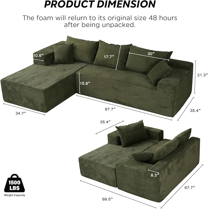 Green Sectional Couches for Living Room, Boneless Couch with L-Shape Chaise, Modular Sofa in Box with Deep Seat, No Assembly Required