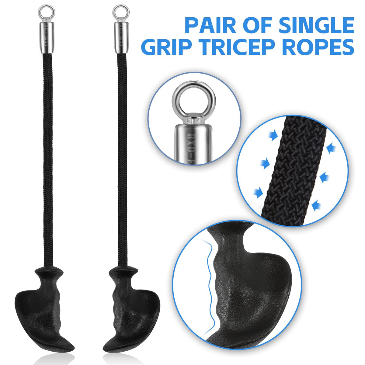 HXD-ERGO Ergonomic Tricep Rope of 2, Tricep Pull Down Attachment with Ergonomic Grip for Cable Machine - Single Arm Tricep Pull Down Cable Attachment for Gym（Black 2pcs）