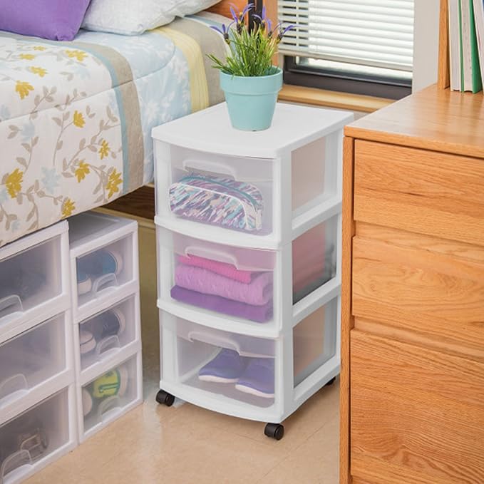 Sterilite 4 Pack Plastic Storage Organizer, 3 Drawer Rolling Bin Cart, Closet Organization, White