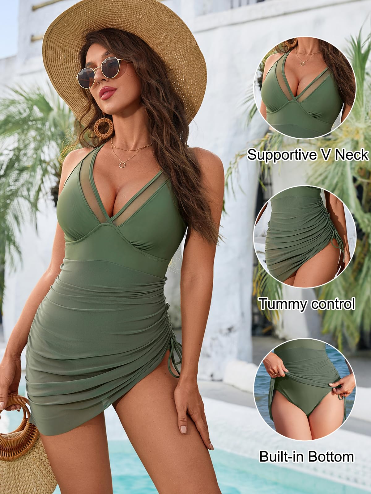 Blooming Jelly Women Modest One Piece Swim Dress Tummy Control Swimsuit