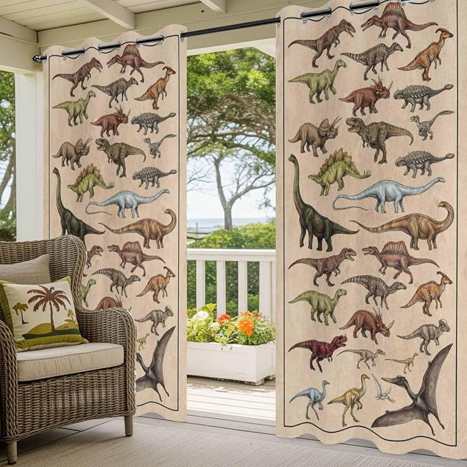Vintage Outdoor Curtains for Patio Dinosaurs Biographies Retro Waterproof
