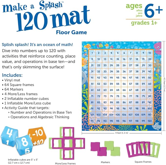 Learning Resources Make a Splash 120 Mat Floor Game - Math Manipulatives, Addition and Subtraction Board Games , Classroom Must Haves, Homeschool Supplies, Montessori Gifts for Boys and Girls