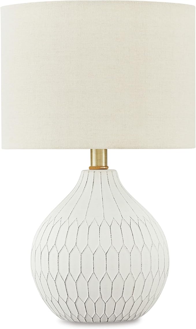 Signature Design by Ashley Wardmont Contemporary Modern Table Lamp with Drum Hardback Fabric Shade, On-Off Switch, Ceramic, 17.75" High, Antique White