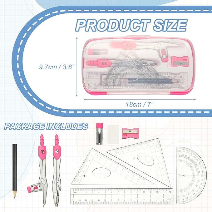 PATIKIL Geometry Precision Tool Set, 11 Pcs Geometry Set Compass Tool with Shatterproof Storage Box Rulers Math Compass Kit for Math Drafting Supplies, Rose Red(Style 1)