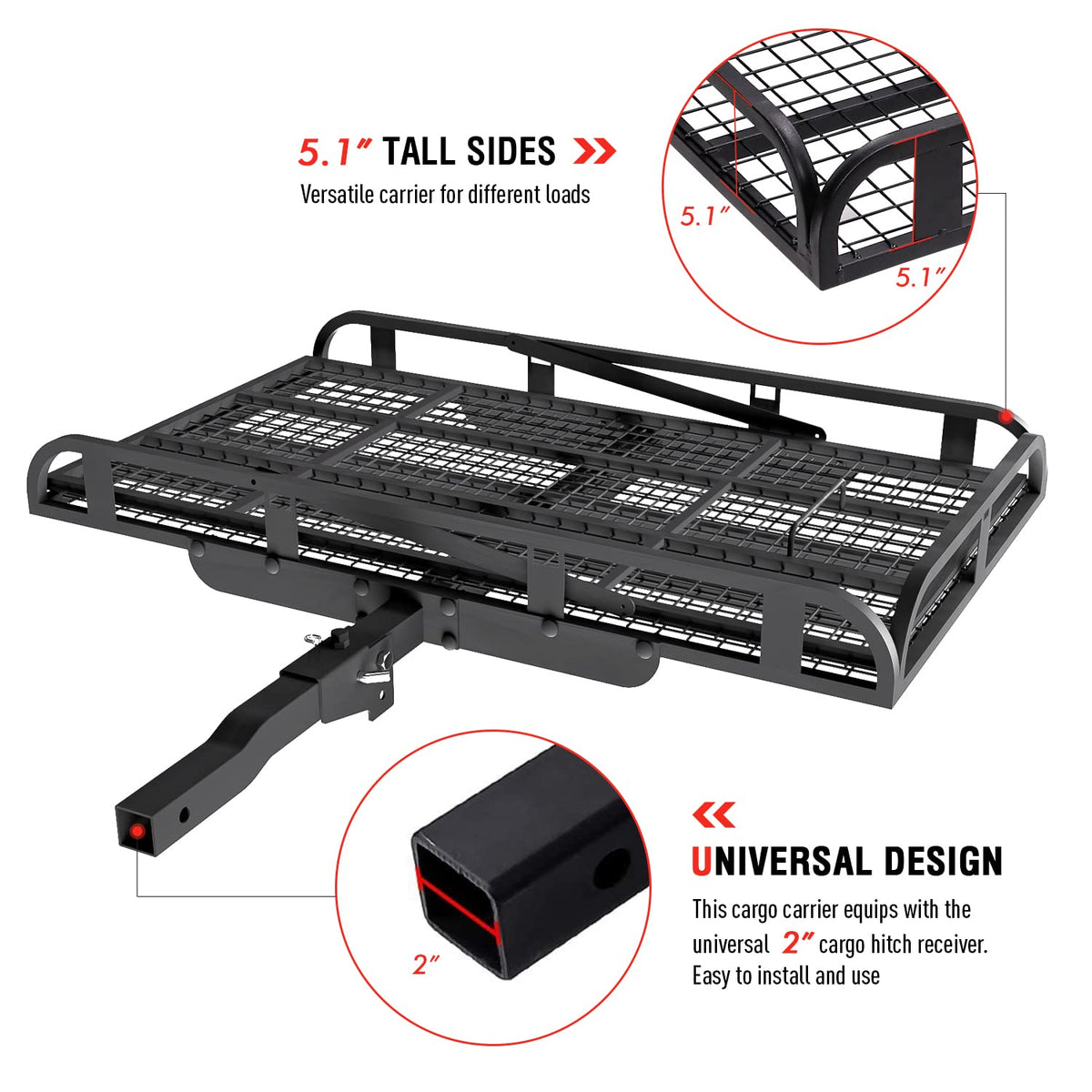 Hitch Mount Steel Cargo Carrier Basket with 49'' Folding Wheelchair Ramp, Fits 2'' Trailer Mounted Hitches