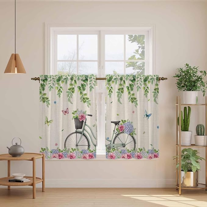 Farmhouse Spring Tier Curtains, Retro Bicycles Flowers Vines Butterfly Light