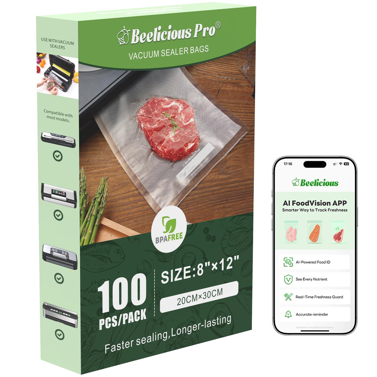 Beelicious Pro Vacuum Sealer Bags for Food Storage 150 Gallon 11" x 16" and Quart 8" x 12" and Pint 6" x 10", with BPA-Free, Commercial PreCut Vacuum Seal Bags for Sous Vide & Seal a Meal