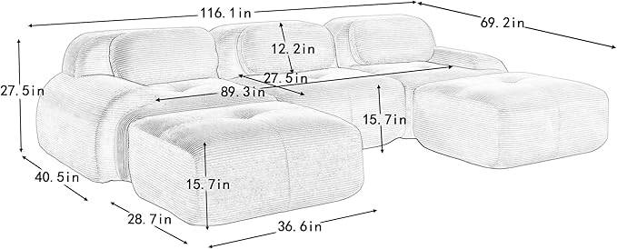 116" Modern Corduroy Cloud Sofa with Ottoman, U Shaped Boneless Modular Large Sectional Couches for Living Room, Pink 3 Seater Compressed Memory Foam Couch, Extra Deep Seat, No Assembly