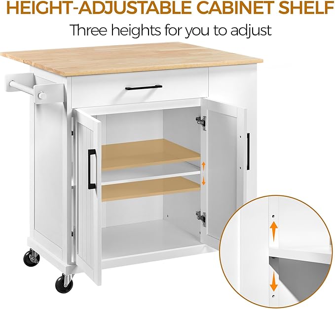 Yaheetech Rolling Kitchen Island Cart with Drop Leaf, Portable Rubberwood Breakfast Bar with Storage Cabinet, Open Shelves & Detachable Towel, 2 Drawers, White
