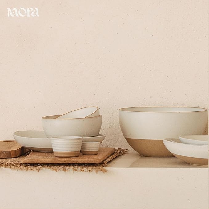 MORA Mega and Giant Bowls Set of 2, 5.5 and 3.5 Qt Ceramic Pottery Mixing Bowls - Microwave and Dishwasher Safe - Oat