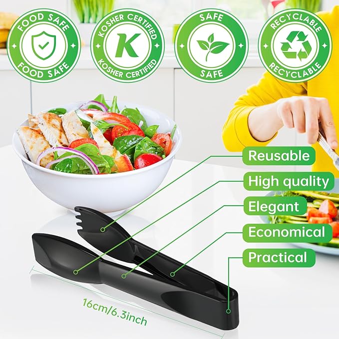 Patelai 12 Pcs 6 Inch Utility Tong Plastic Serving Tongs Bulk, Black