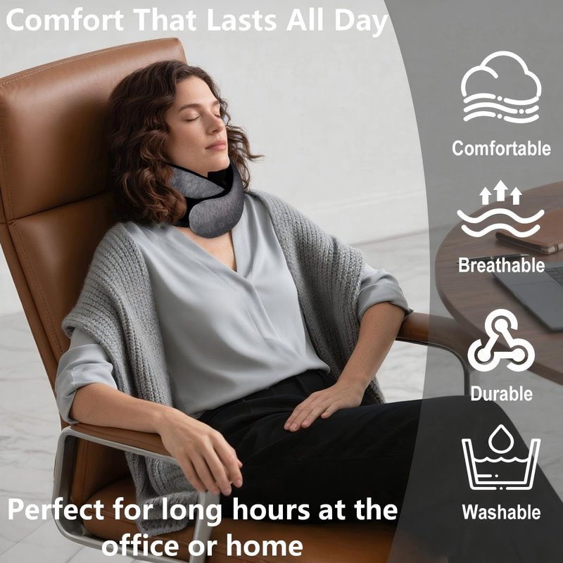 GongPath Travel Neck Pillow for Airplane, Memory Foam Neck Pillow with 360° Support, Adjustable Velcro, Breathable Washable Cover, Compact for Long Flights, Car, Train, Office, Light Grey(Dark Grey)