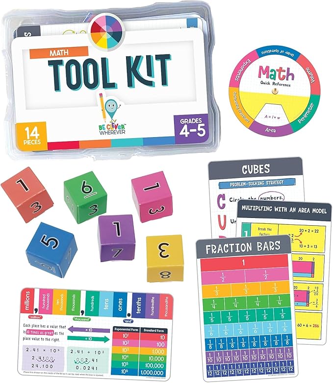 Carson Dellosa 30-Piece Be Clever Wherever Grades 4-5 Mathematics Tool Kit, Sticker Chart, Spin Wheel, Counting Cubes, and More Math Manipulatives Covering Multiplication and Fractions