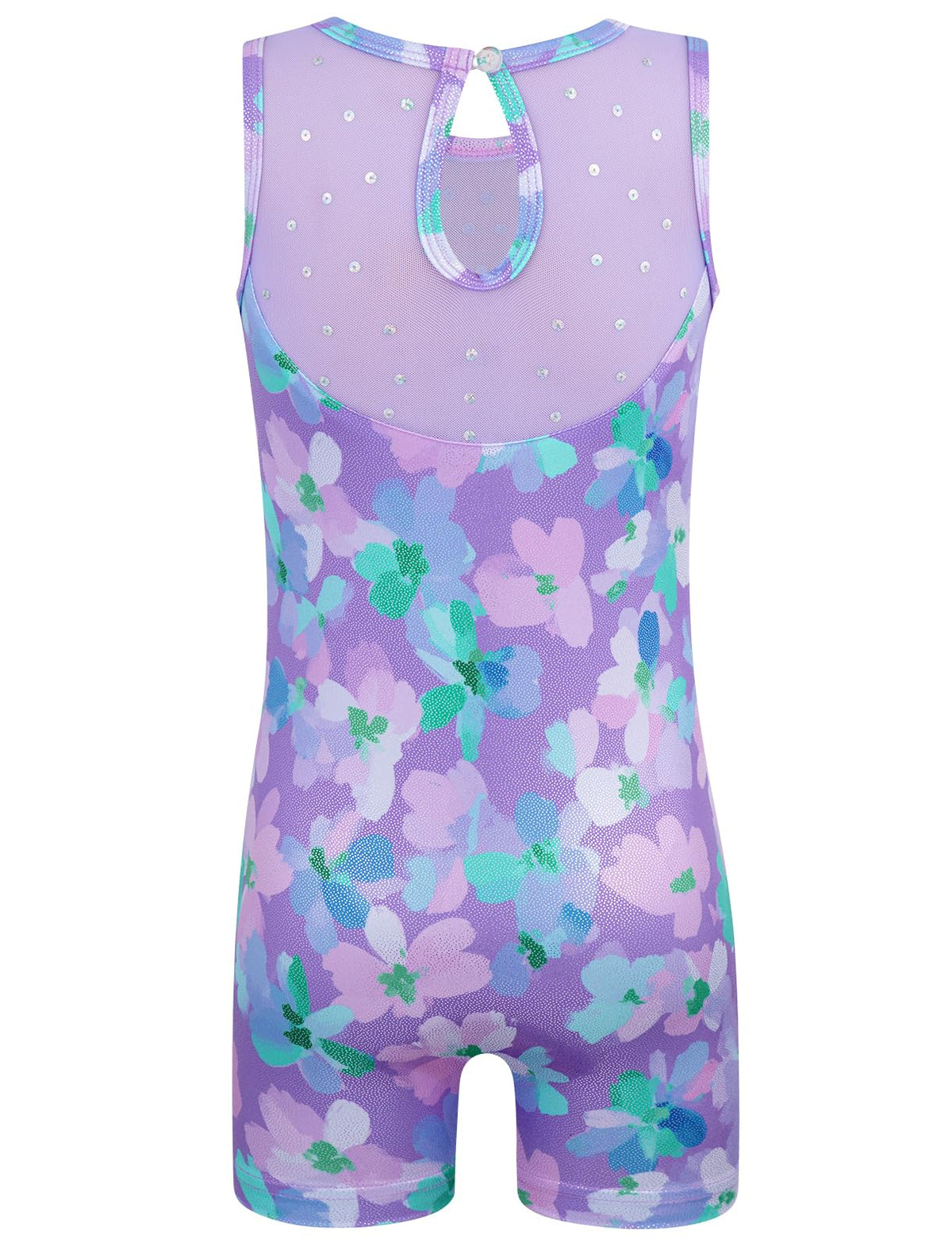HOZIY Leotards for Girls Gymnastics Mesh Neckline with Iridescent Rhinestones Back Cut Out Sleeveless Size 6-7 Years Purple Floral Biketard Shorts Tumbling Outfits Kids Sparkly Shiny