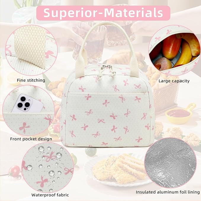 LEDAOU Lunch Box for Women Insulated Lunch Bag Corduroy Lunch Tote Bags Leakproof Cooler Lunch Case for Travel Work Picnic (Pink Bow)