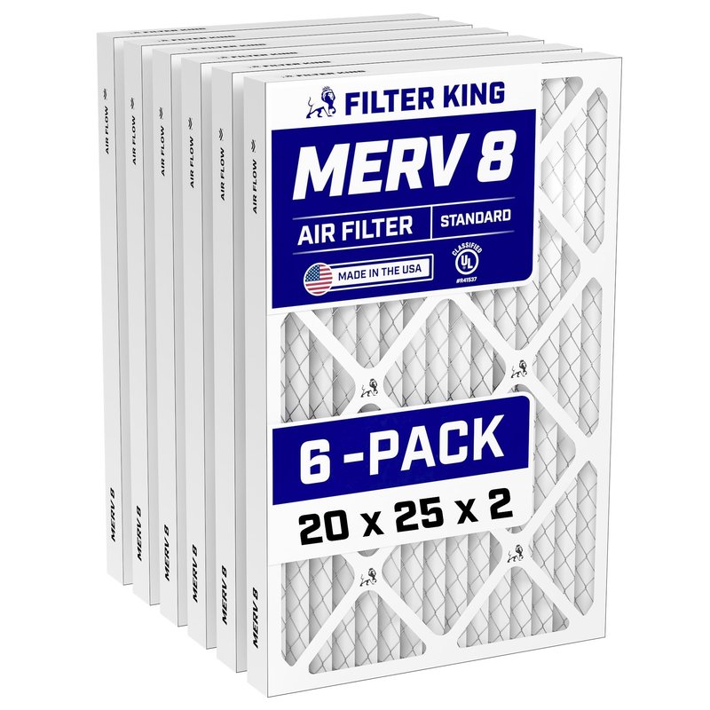 Filter King 20x25x2 Air Filter (MERV 8) (6-Pack) Dust & Allergy Control AC Furnace Filters, MADE IN USA, HVAC, Pleated, Electrostatic (Actual Size: 19.5 x 24.5 x 1.75)