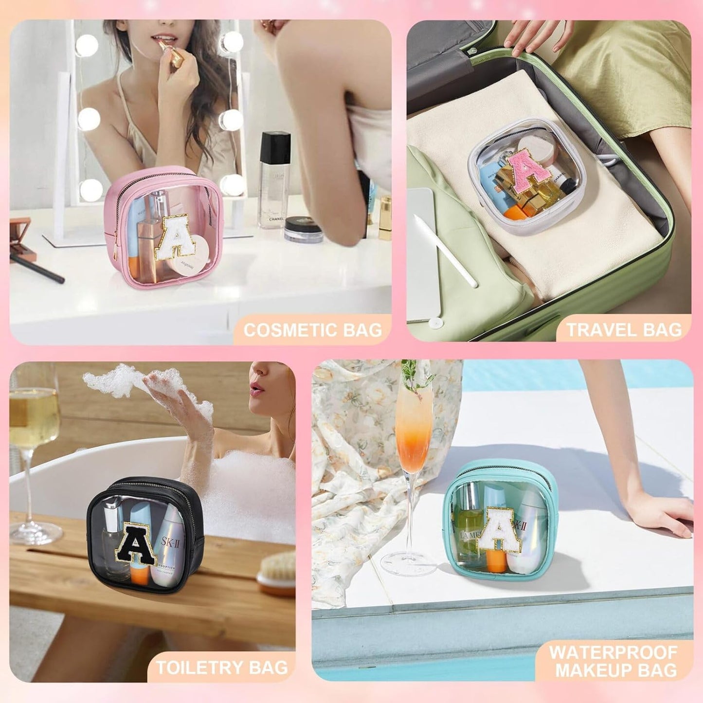 YOOLIFE Mini Clear Makeup Bag Initial Waterproof Travel Toiletry Bag, Clear Makeup Bag Travel Essentials Gifts for Women Girlfriend Teacher Appreciation Gifts Clear Travel Bag Nurse Pack Black J