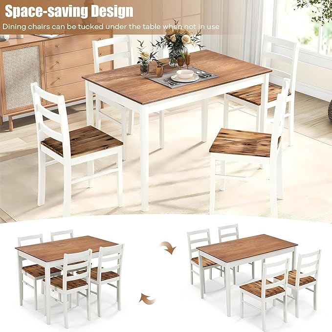 NAFORT Dining Table Set for 4, Solid Wood Kitchen Table and Chairs, Farmhouse Dinette Set w/Apron, Rubber Wood Legs, Mid-Century Modern Dining Room Table and 4 Chairs for Kitchen, Restaurant