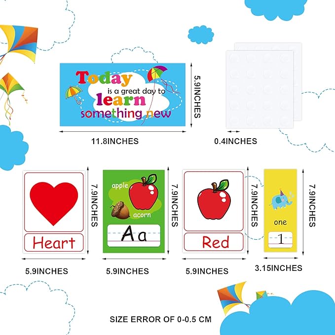 58 Pieces Educational Preschool Cards Kids Early Learning Poster Alphabet Number Colors and Shapes Bulletin Board Decoration Kindergarten Classroom Learning Card with Glue Point Dot (Rich Style)