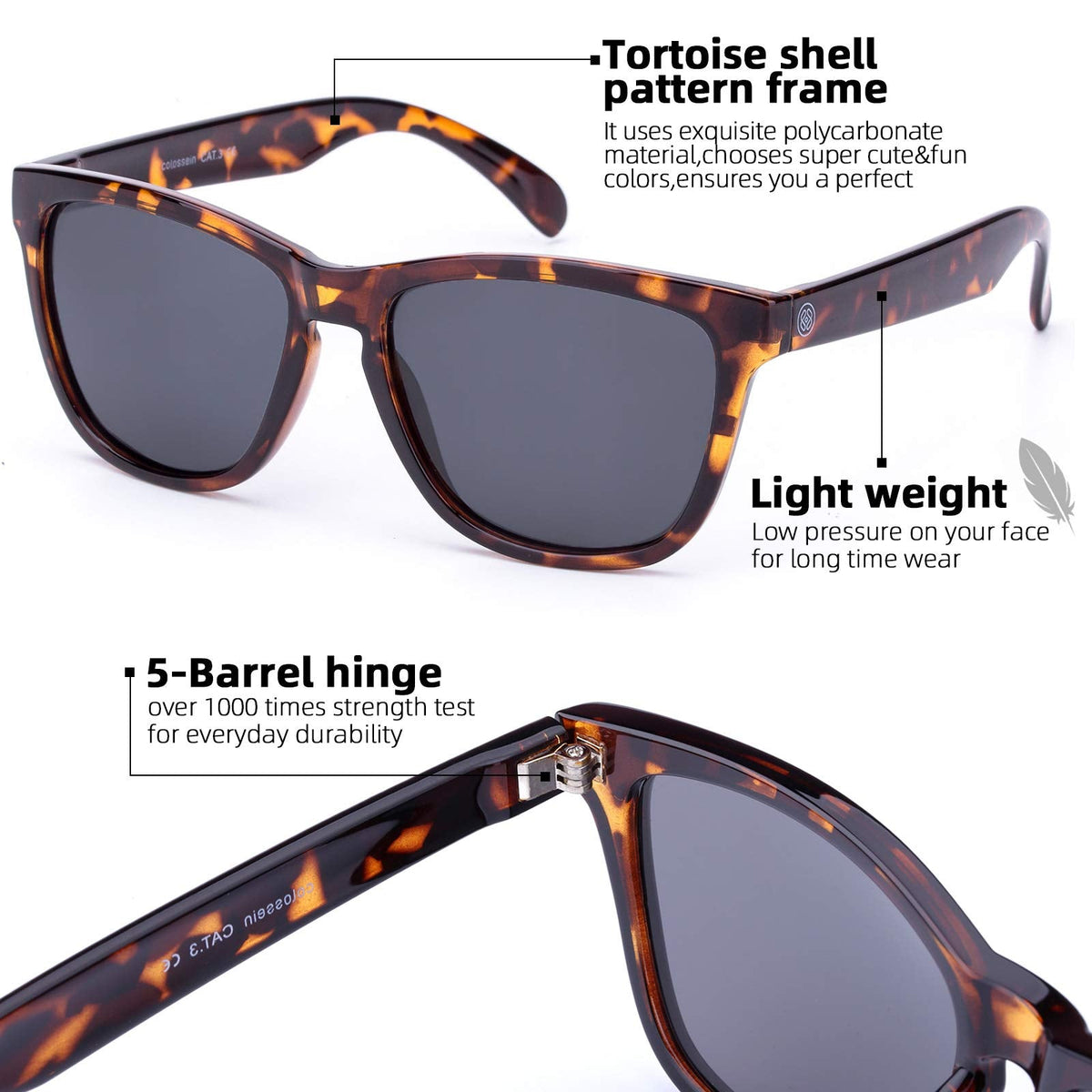 COLOSSEIN Fashion Polarized Sunglasses For Women Men Classic Vintage Square Frame UV400 Protection Lens