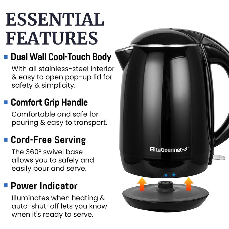 Elite Gourmet EKT1821 1.8L Double Wall Insulated, Cool-Touch 1500W Kettle w/Stainless Steel Interior & Lid, 360° Swivel Base for Cord Free Serving, Power On Lever, Auto Shut-Off, Boil Dry, Black