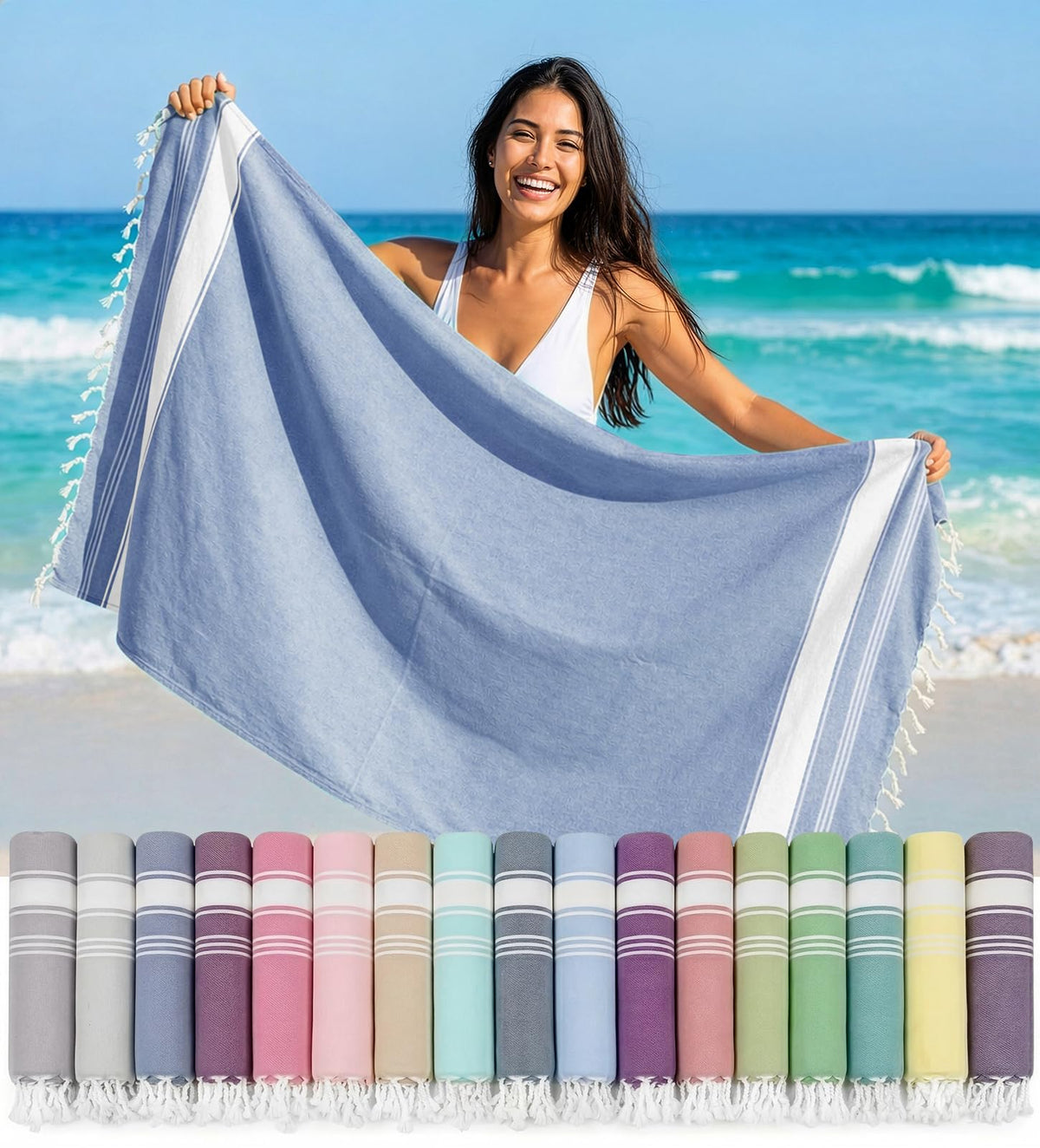 LANE LINEN Turkish Beach Towels, Extra Large Beach Towel, Pre-Washed for Soft Feel, Oversized Sand Free Quick-Dry Pool Towel, Beach Towels for Adults,39" x71" - Forever Blue
