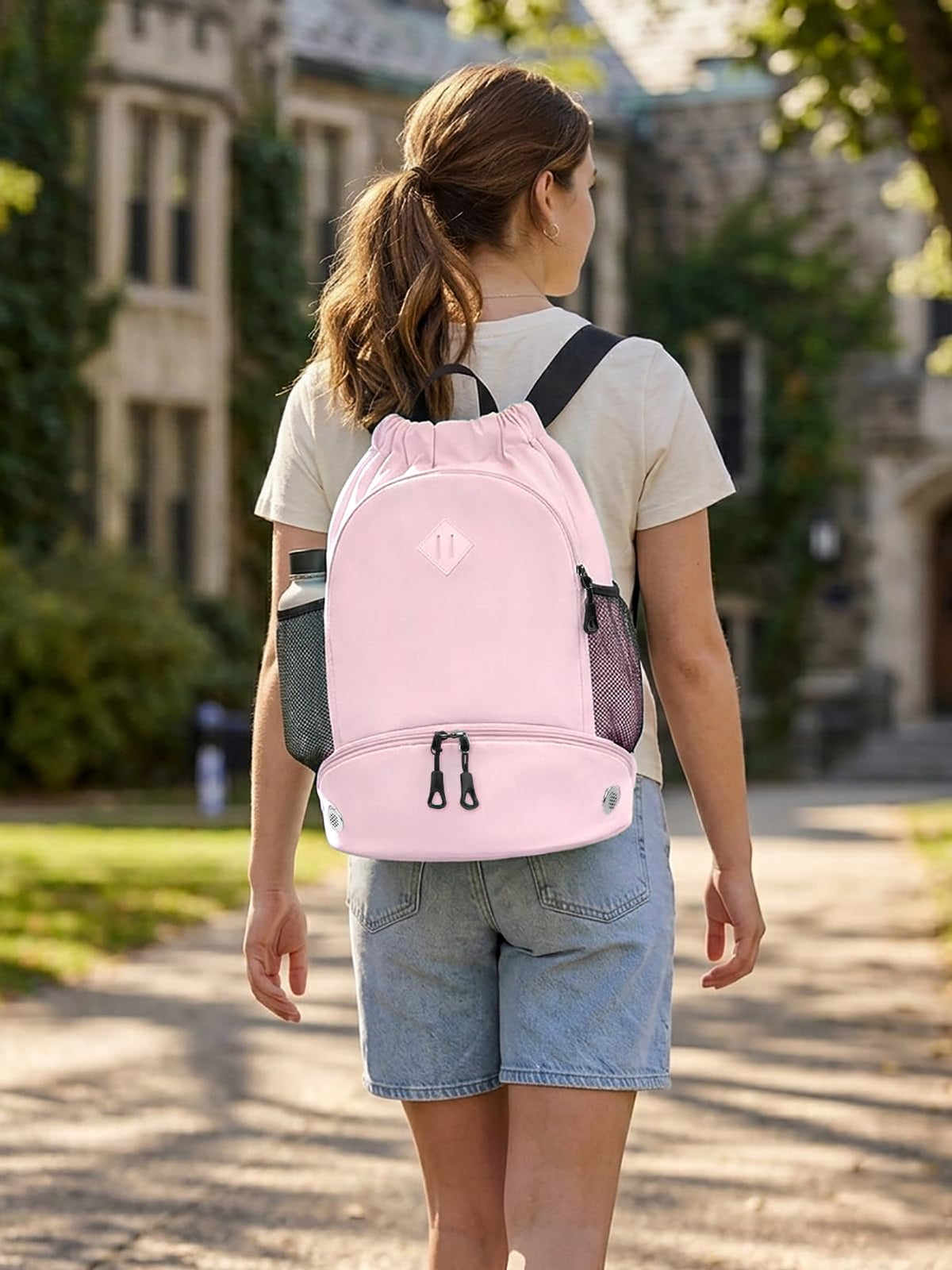 RHDZO Drawstring Backpack Gym Backpack with Shoe Compartment for Men Women String Sports Bag with Wet Pocket Cinch Swim Beach Bag, Large Pink