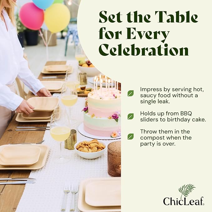 Chic Leaf Palm Leaf Compostable Plates - 6" Square, Pack of 50 - Disposable Dinnerware for Christmas Food, Rustic Bamboo Appetizer Plates - Charcuterie Boards & Biodegradable Serviceware