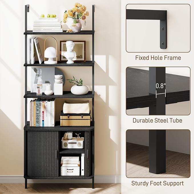 72" Tall Fluted Bookshelf, 4-Tier Open Display Ladder Shelf with Sliding Tambour Doors, Modern Wall Mounted Bookcase Cabinet with Metal Frame for Living Room, Bedroom, Home Office, Black