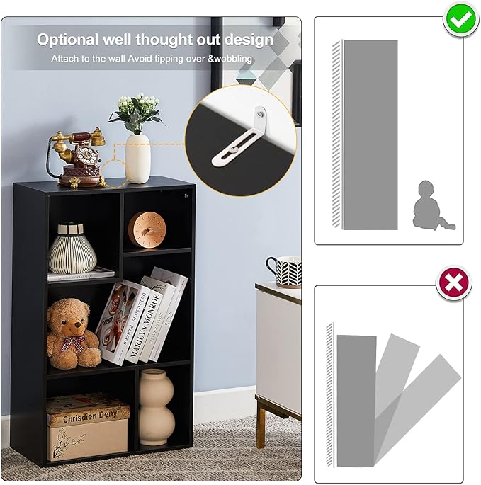 VECELO Modern Bookshelf, 5 Cube Shelf, Fits Tallest Hardcovers, Horizontal Available, Storage Organzier for Home Office, Black