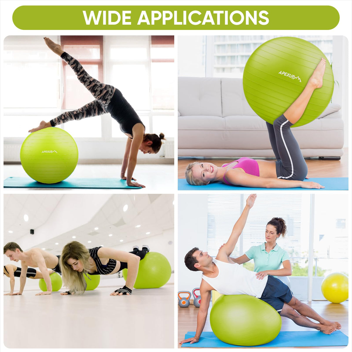 APEXUP Yoga Ball, 660 lbs Anti-Burst Exercise Ball with Pump, 5 Sizes (XXL(31"~34") 85cm, Green)