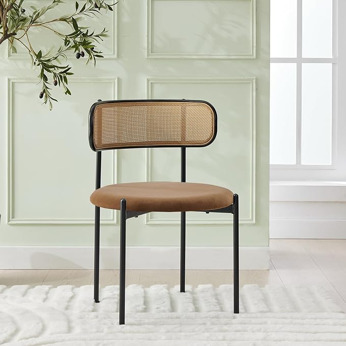 Rattan Dining Chairs Set of 2, Mid Century Modern Dining Chairs with Cane Back and Boucle Upholstered Seat, Farmhouse Kitchen Chairs for Dining Room and Living Room, Brown